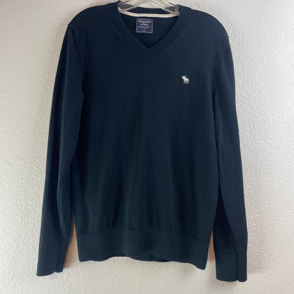 Abercrombie & Fitch Mens Black 100% Pima Cotton V-Neck Moose Logo Sweater Small